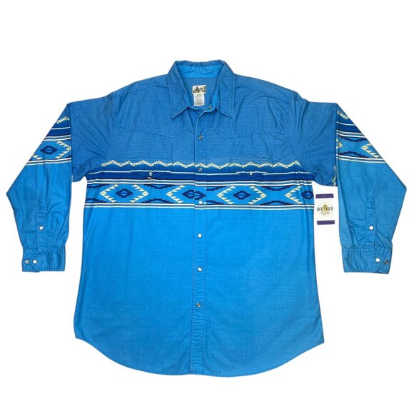 VTG Express Rider Pearl Snap Shirt Western Cowboy Rodeo Ranch 2XL Blue Aztec - Picture 16 of 16